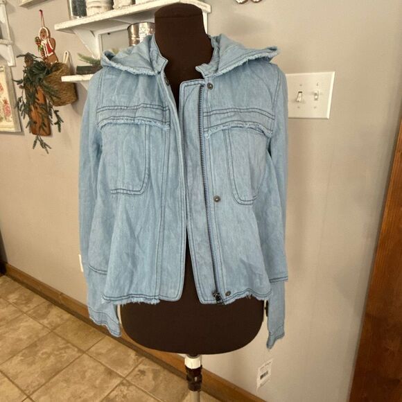 Free People Jackets & Blazers - NWT Free People raw hem denim swing jacket womens size XS blue hooded hemp cotto